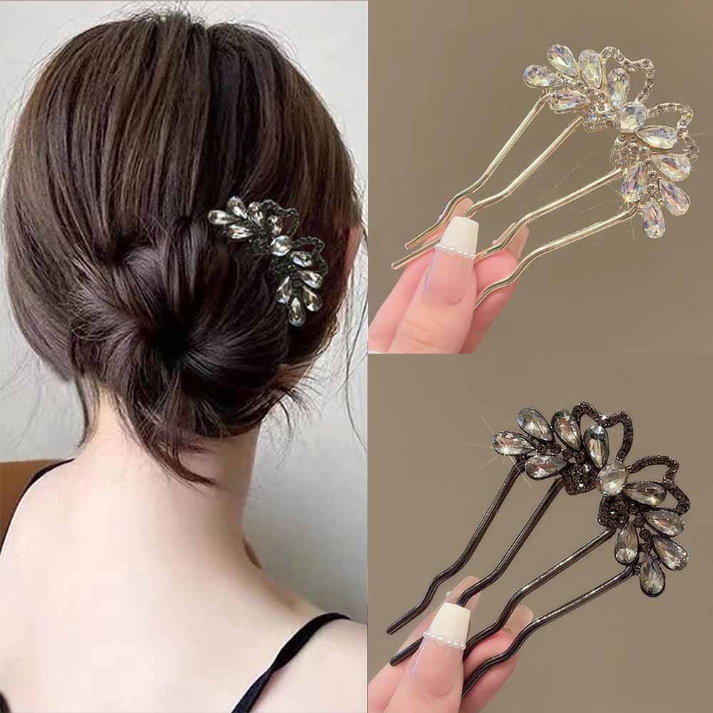 Women Accessories Shop - 패션 라인스톤 U자형 헤어 스틱 나비
