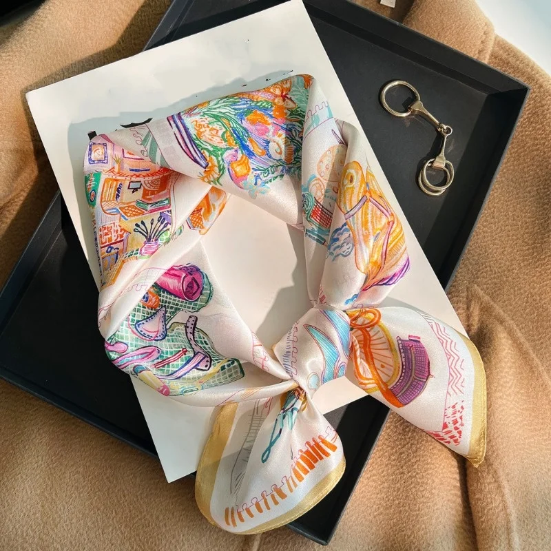 Women'S Yellow Accessories - 고급스러운 부드러운 실크 느낌의 정사각형 스카프,