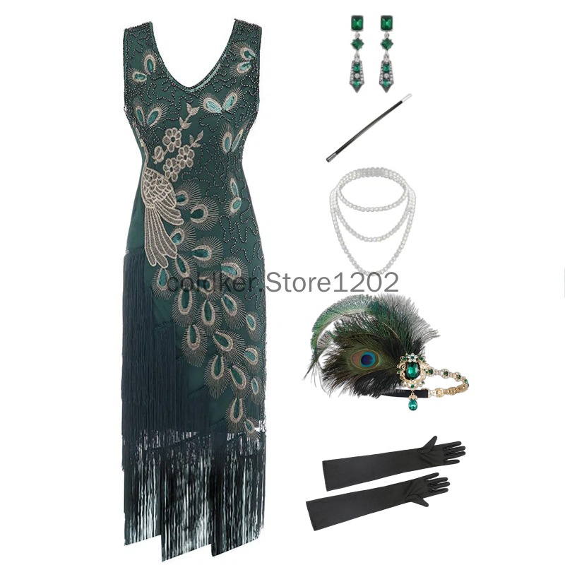 Women'S Accessories In The 1920S - 1920년대 플래퍼 드레스 공작새 스팽글 프린지