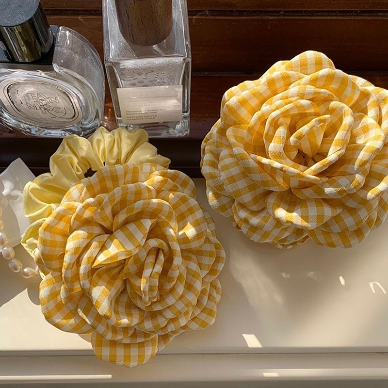 Women'S Yellow Accessories - 여성용 헤어 클로 클립 체크 무늬