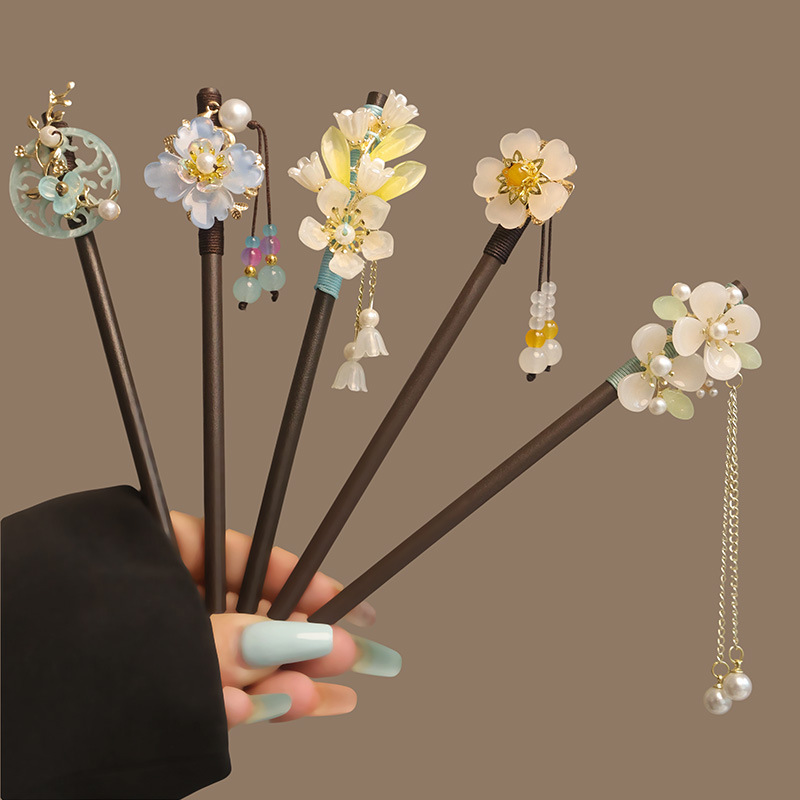 Women Accessories Shop - 꽃 Tassel 진주 머리 스틱 나무