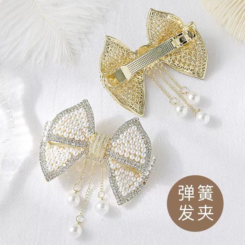 여성용 새 리본 헤어핀, 모조 진주와 라인스톤 스프링  - Women Accessories Shop 리뷰 및 가격