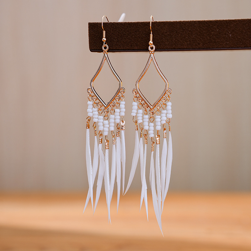 여성을위한 보헤미안 우아한 깃털 귀걸이 민족 술 비즈  - Tassel Earrings Boho 리뷰 및 가격