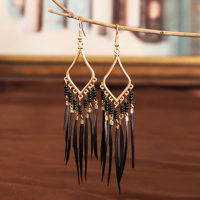 여성을위한 보헤미안 우아한 깃털 귀걸이 민족 술 비즈  - Tassel Earrings Boho 리뷰 및 가격
