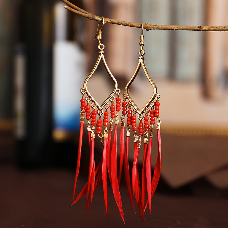 여성을위한 보헤미안 우아한 깃털 귀걸이 민족 술 비즈  - Tassel Earrings Boho 리뷰 및 가격